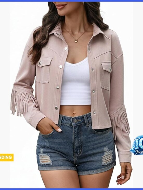 Jackets & Blazers - Faux Suede Fringe Jacket Crop Collar Drop Shoulder Long Sleeve Button